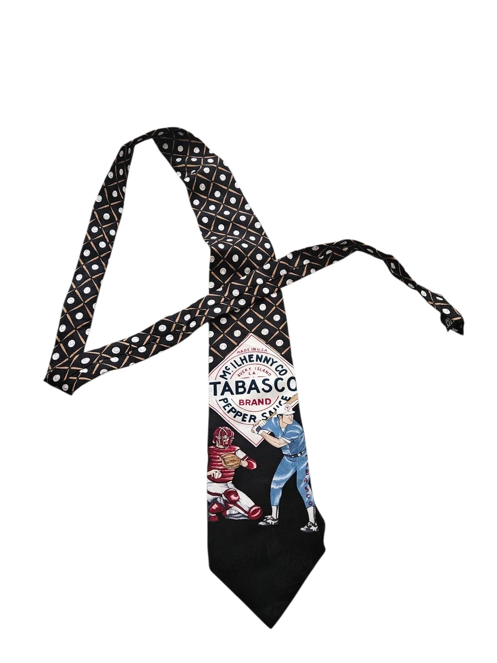 Y2K Tabasco Black 100% Silk Tie with Red and Blue Baseball Graphics